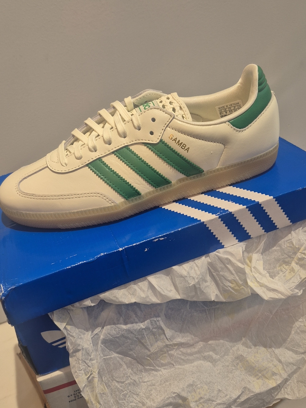 Adidas Samba Men’s Sneakers - White with Green Stripes - Picture 7 of 7